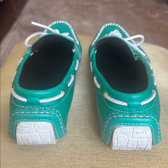 Jimmy Choo Men\'s Green Leather Loafers Moccasins with White Accents Size US 13 main image 12